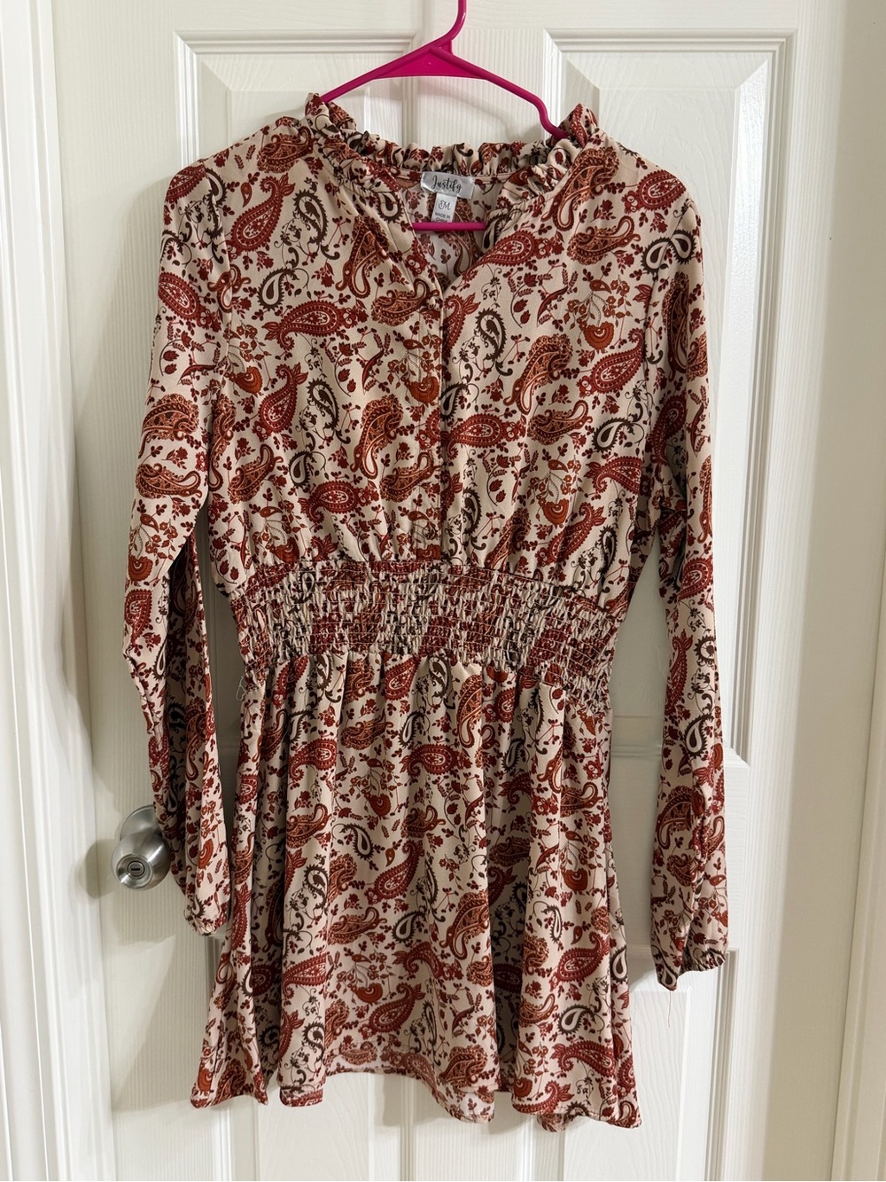 Justify Paisley Smocked Waist Mini Dress Size M Long Sleeve
